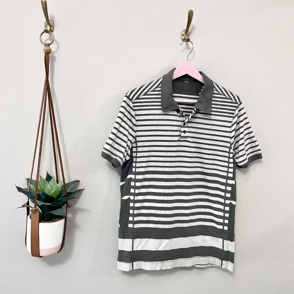 lululemon athletica Men's Gray and White Striped Polo